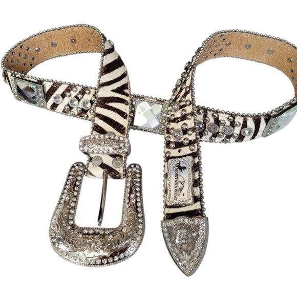 Montana West Accessories - Montana West Western Zebra Print Leather Belt Calf Hair Rhinestone Studded 36